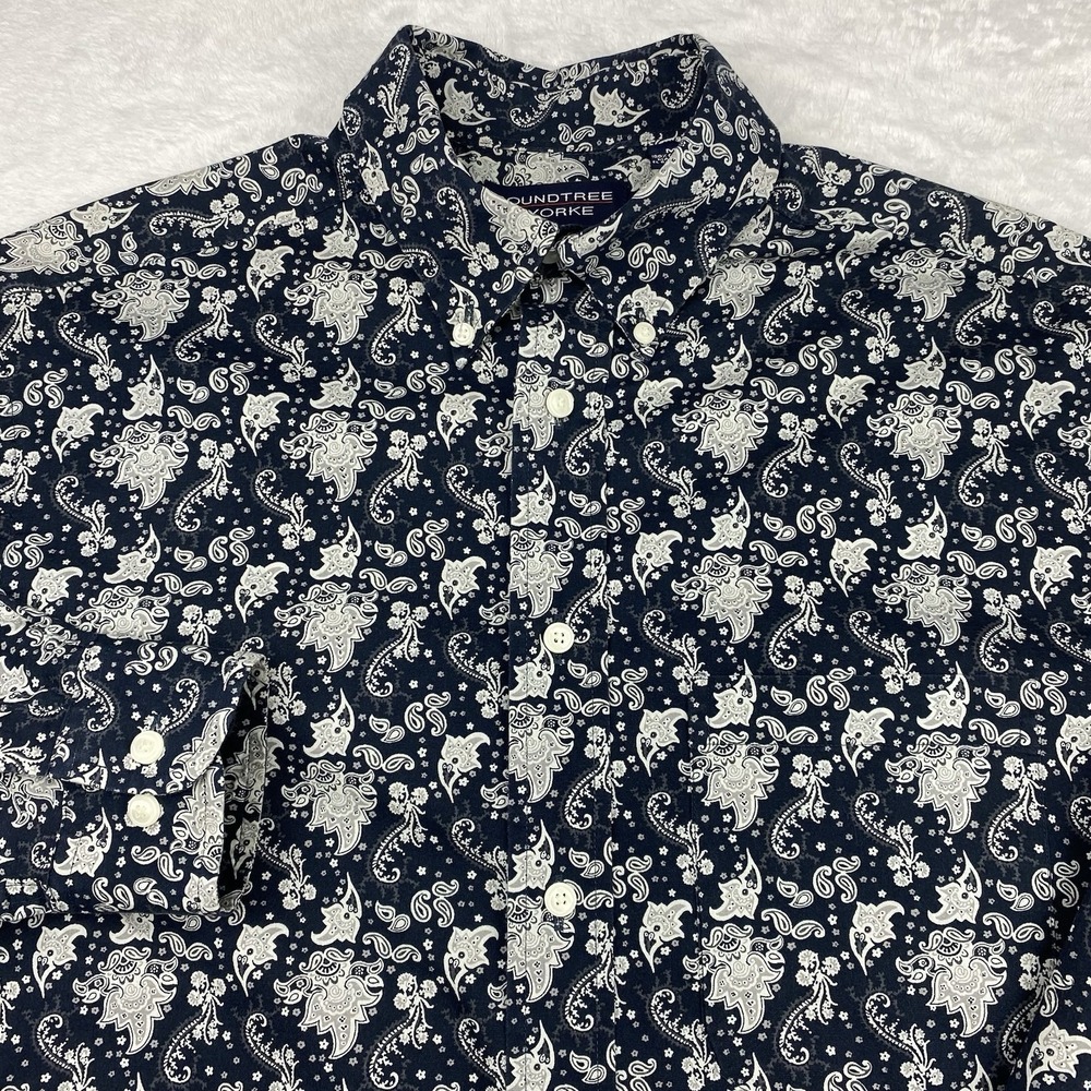 Roundtree & Yorke Mens M Blue Gray Paisley Dress Shirt Regular Fit Long Sleeves